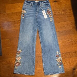 Driftwood Charlee Rose Embroidered Wide Leg Jeans 26 NWT